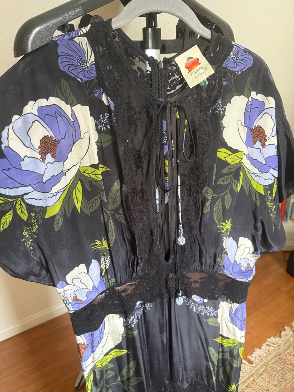 FARM Rio Black Maxi Dress with Blue & White Floral Print - Picture 4 of 4